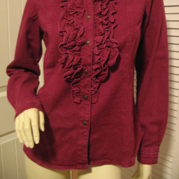 Vintage Y2K Diane Gilman Womens Denim Jean Jacket Ruffle Top S Long Sleeve Red - Picture 4 of 8